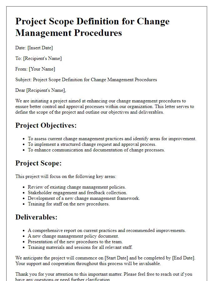 Letter template of project scope definition for change management procedures