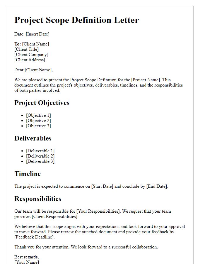 Letter template of project scope definition for client approval