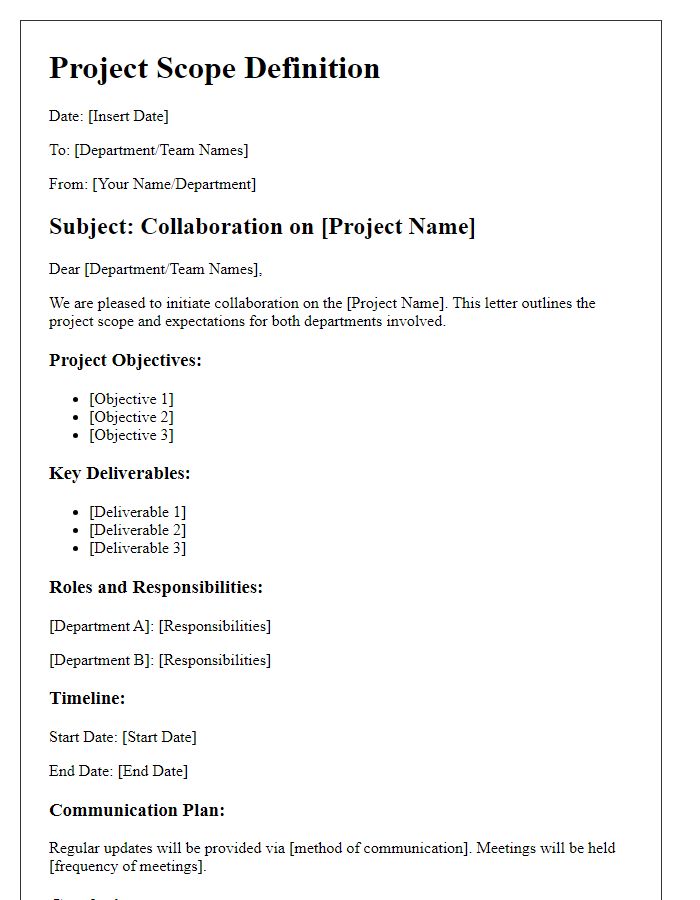 Letter template of project scope definition for collaboration between departments