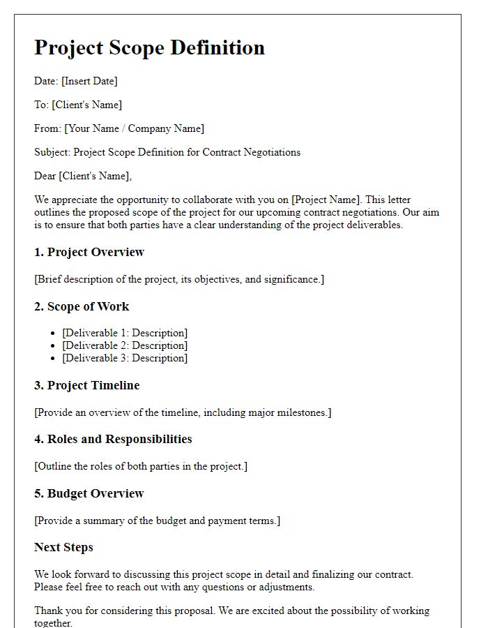 Letter template of project scope definition for contract negotiations