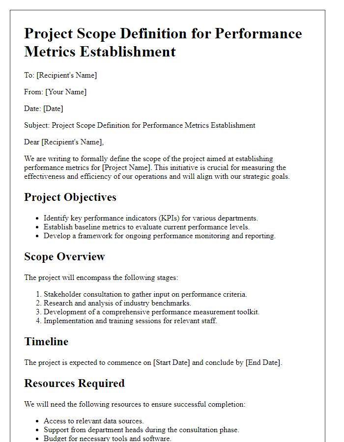 Letter template of project scope definition for performance metrics establishment