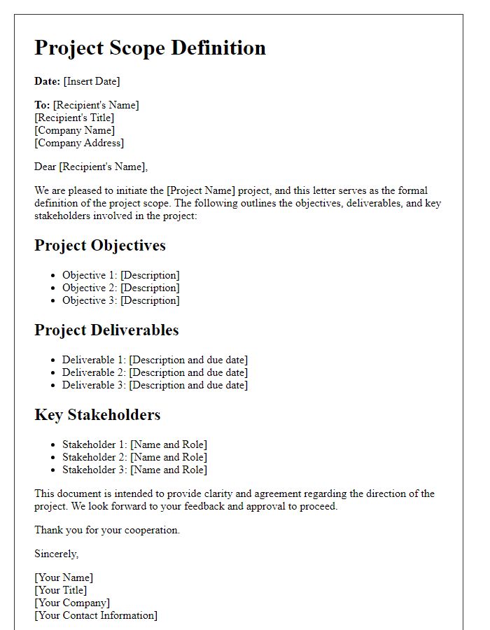 Letter template of project scope definition for project initiation