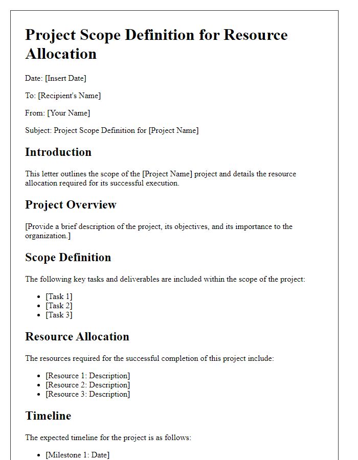 Letter template of project scope definition for resource allocation