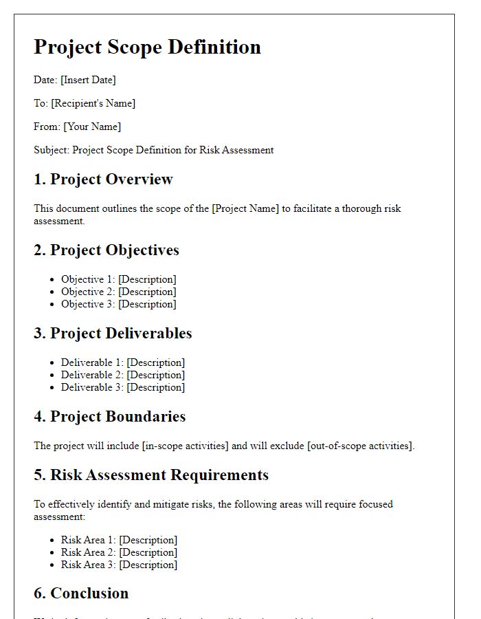 Letter template of project scope definition for risk assessment