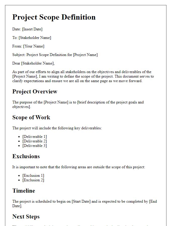 Letter template of project scope definition for stakeholder alignment