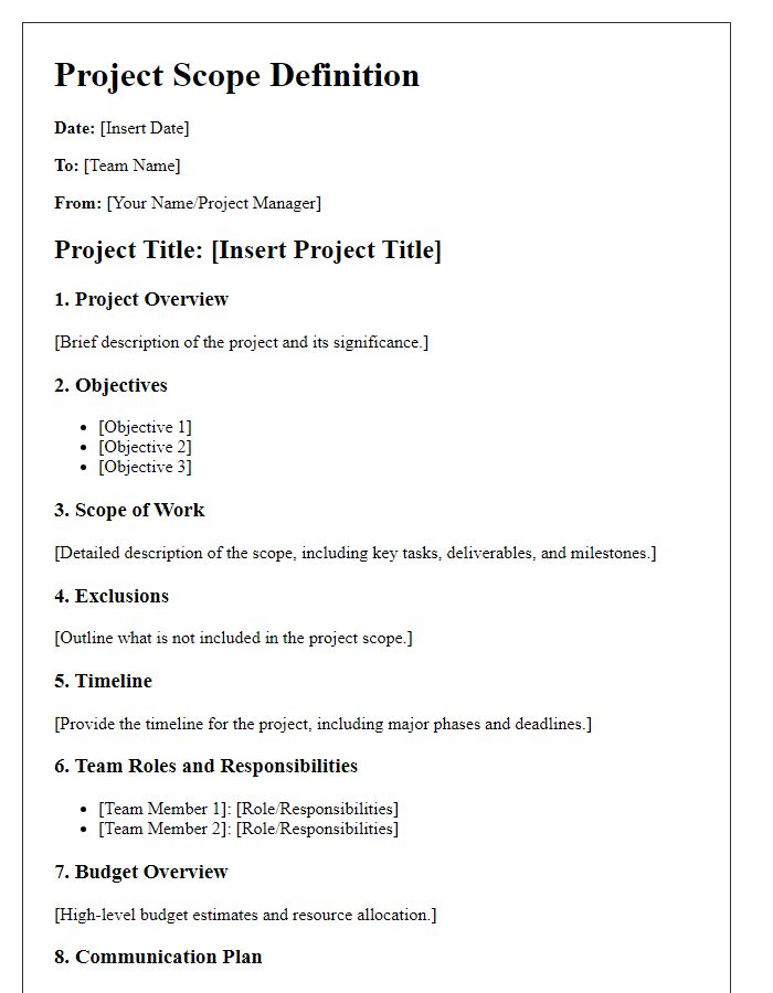 Letter template of project scope definition for team briefings