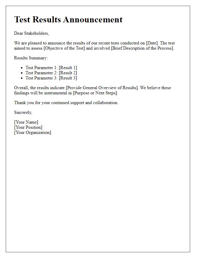 Letter template of test results announcement for stakeholders.