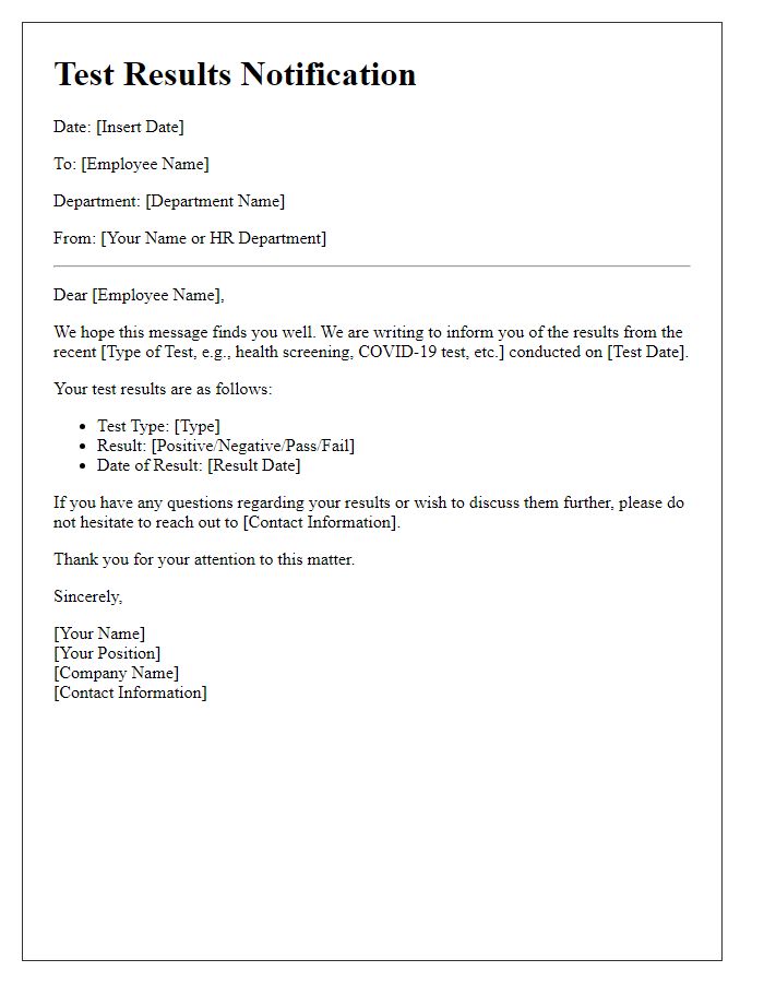 Letter template of test results communication for employees.