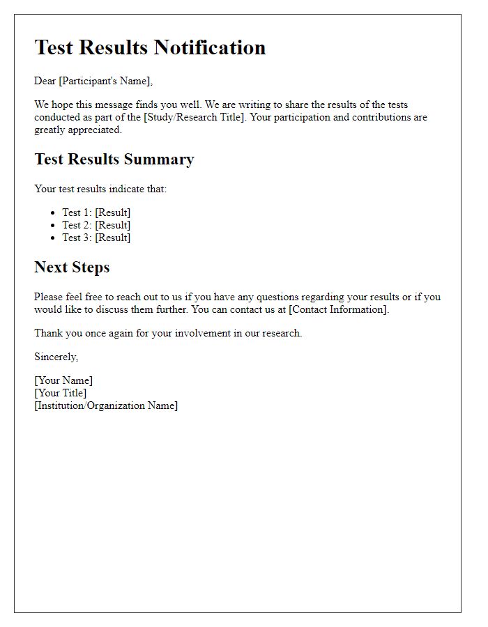 Letter template of test results correspondence for research participants.