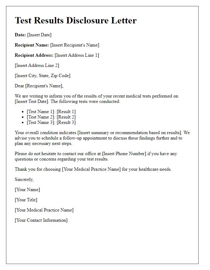 Letter template of test results disclosure for medical professionals.