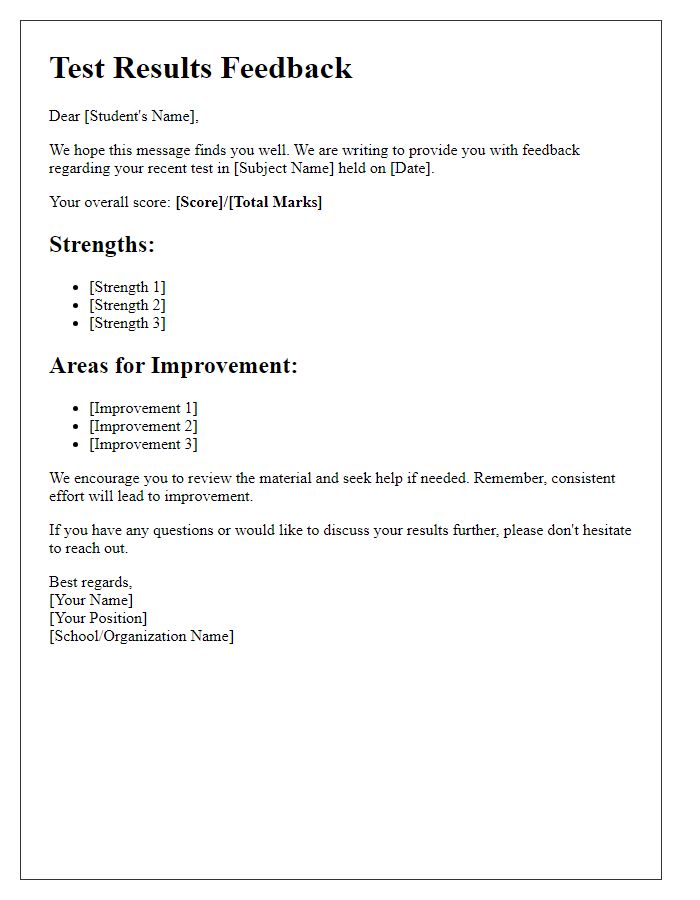 Letter template of test results feedback for students.