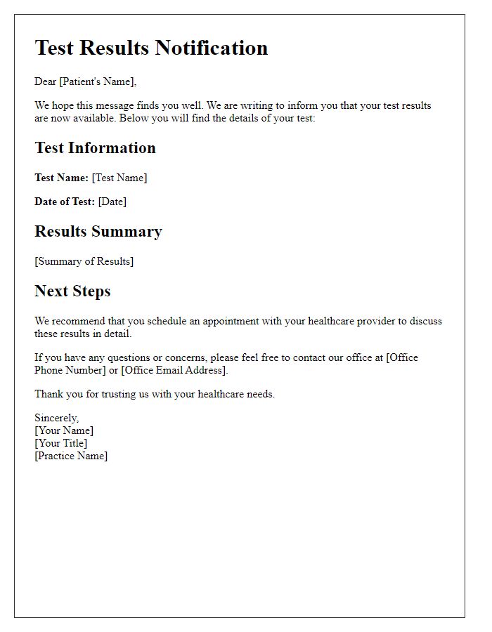 Letter template of test results notification for patients.