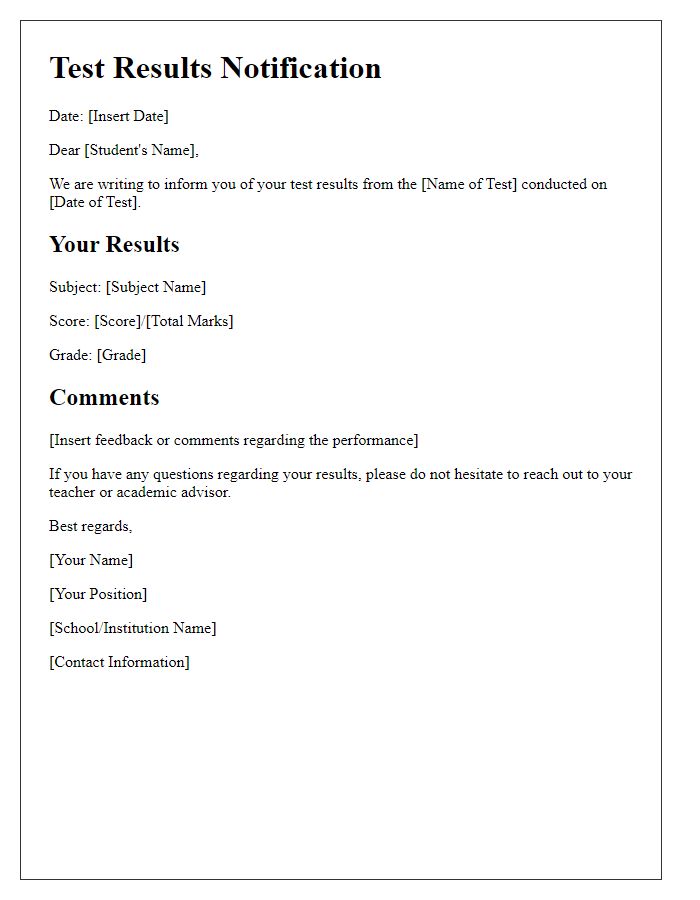 Letter template of test results relay for educational purposes.