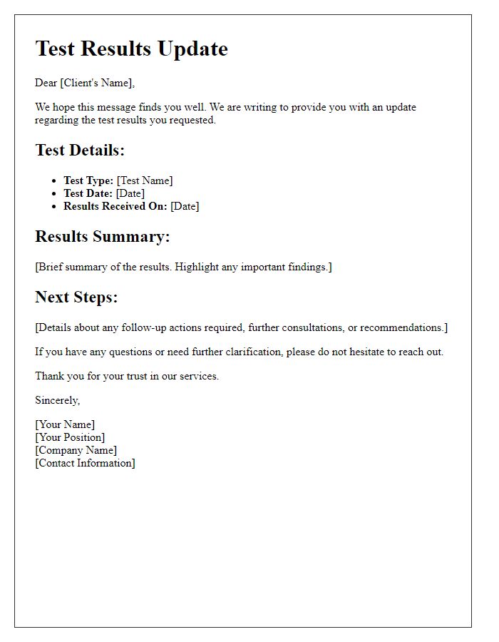 Letter template of test results update for clients.