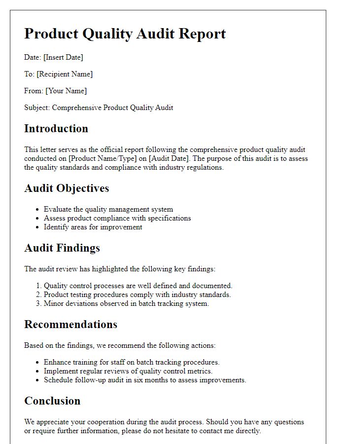 Letter template of comprehensive product quality audit document