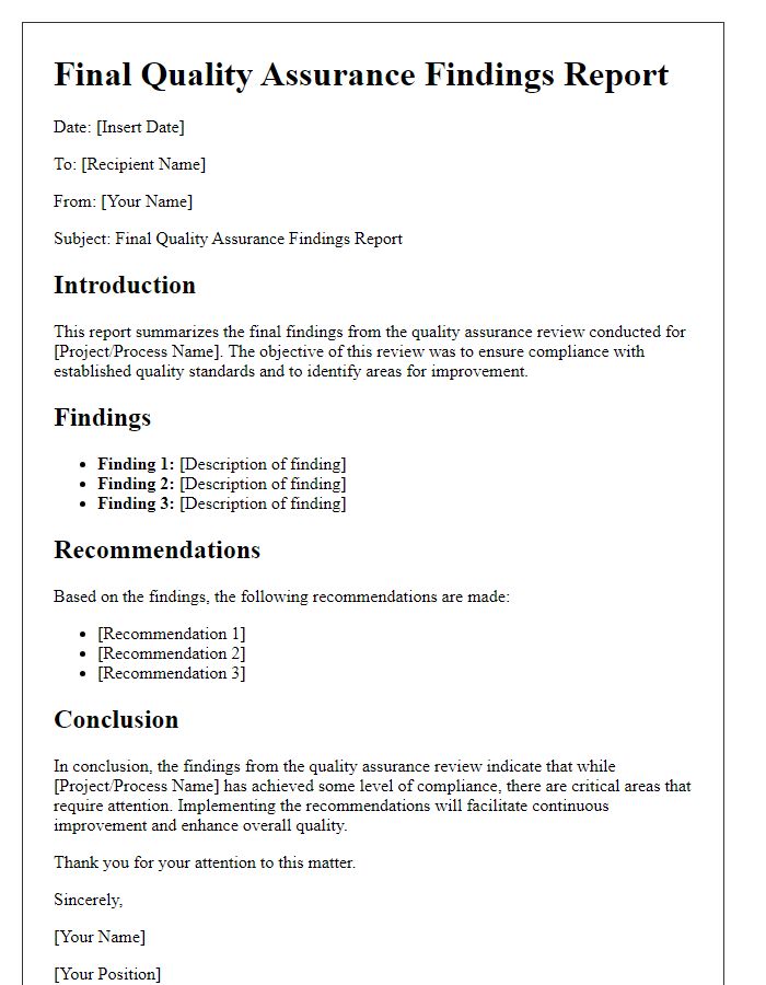 Letter template of final quality assurance findings report