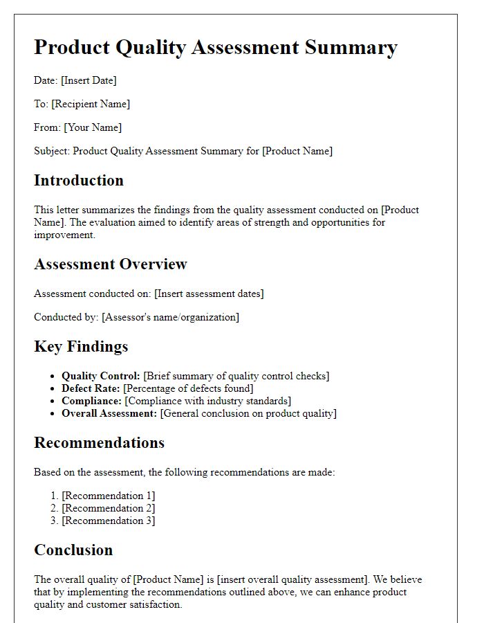 Letter template of product quality assessment summary