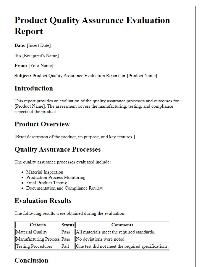 Letter template of product quality assurance evaluation report