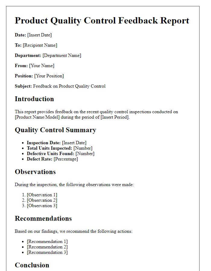 Letter template of product quality control feedback report