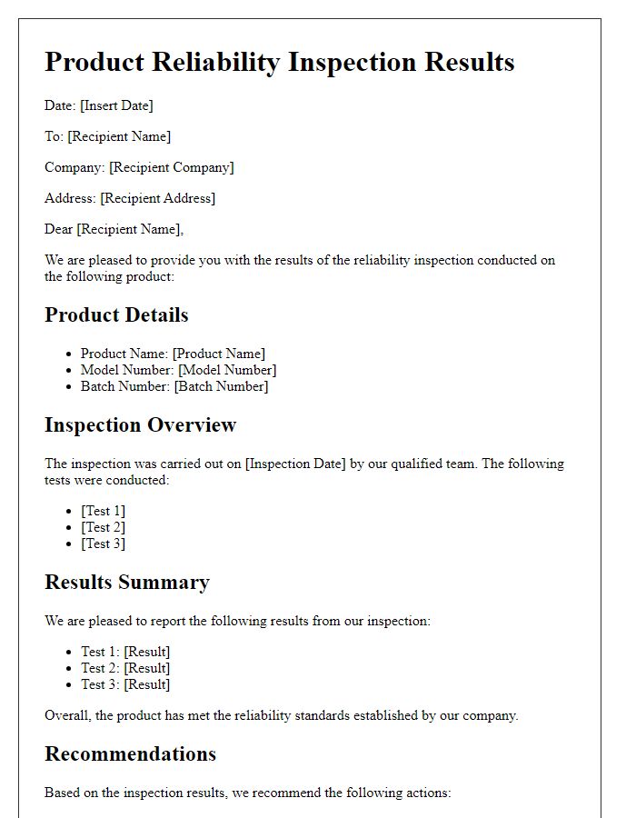 Letter template of product reliability inspection results