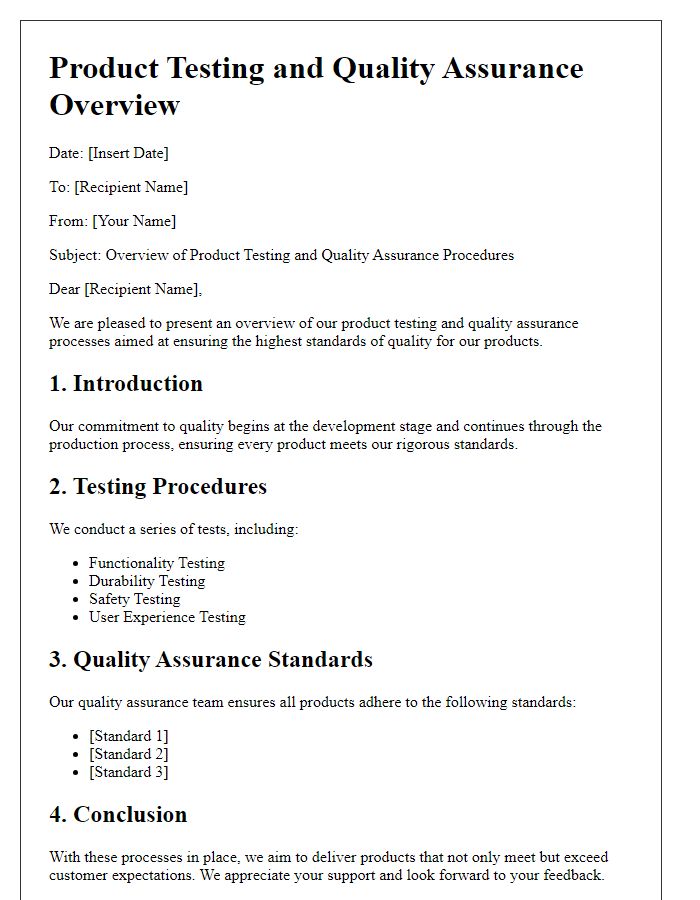 Letter template of product testing and quality assurance overview