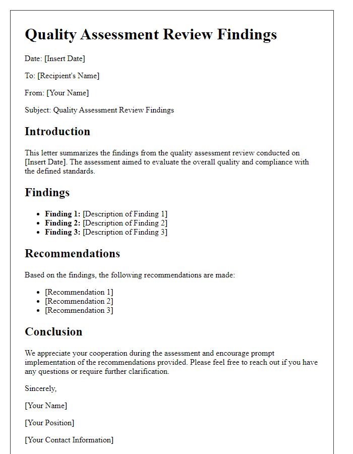 Letter template of quality assessment review findings