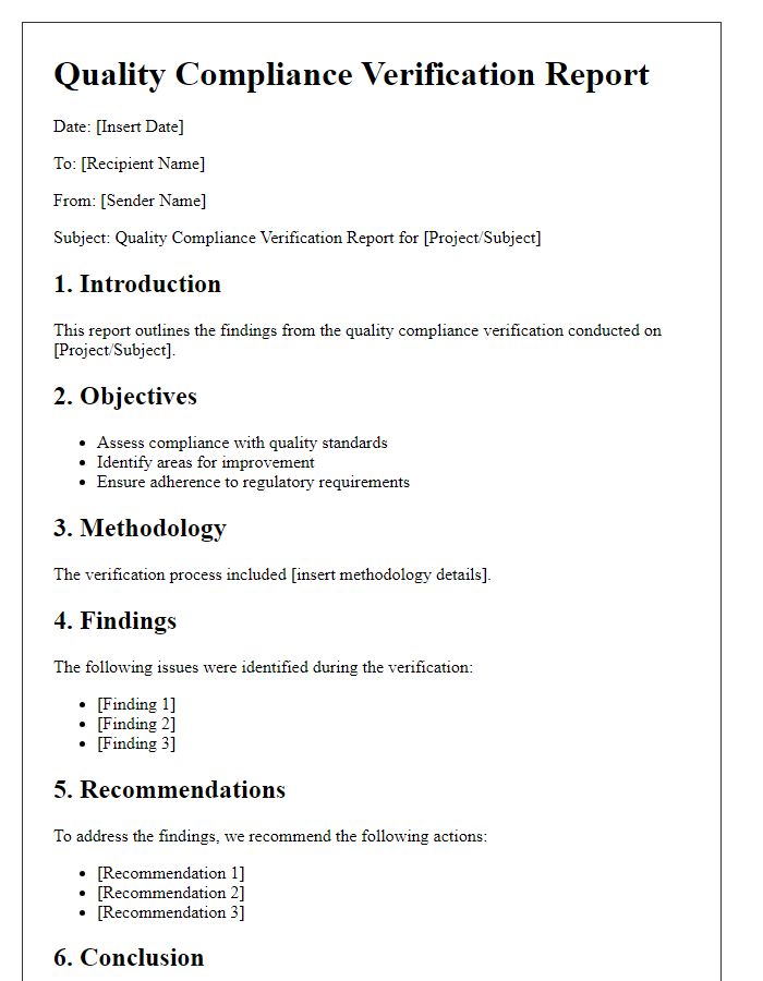 Letter template of quality compliance verification report