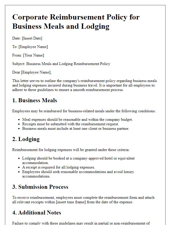 Letter template of corporate reimbursement policy for business meals and lodging.