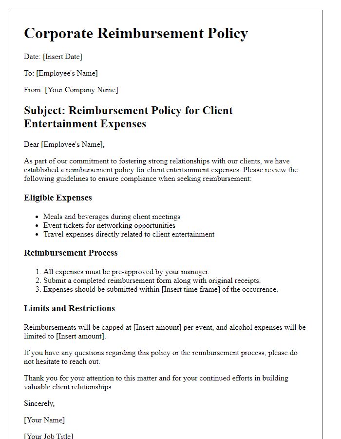 Letter template of corporate reimbursement policy for client entertainment expenses.