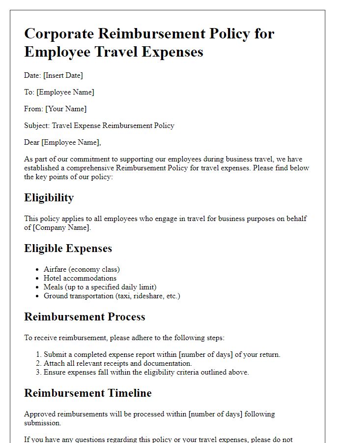 Letter template of corporate reimbursement policy for employee travel expenses.