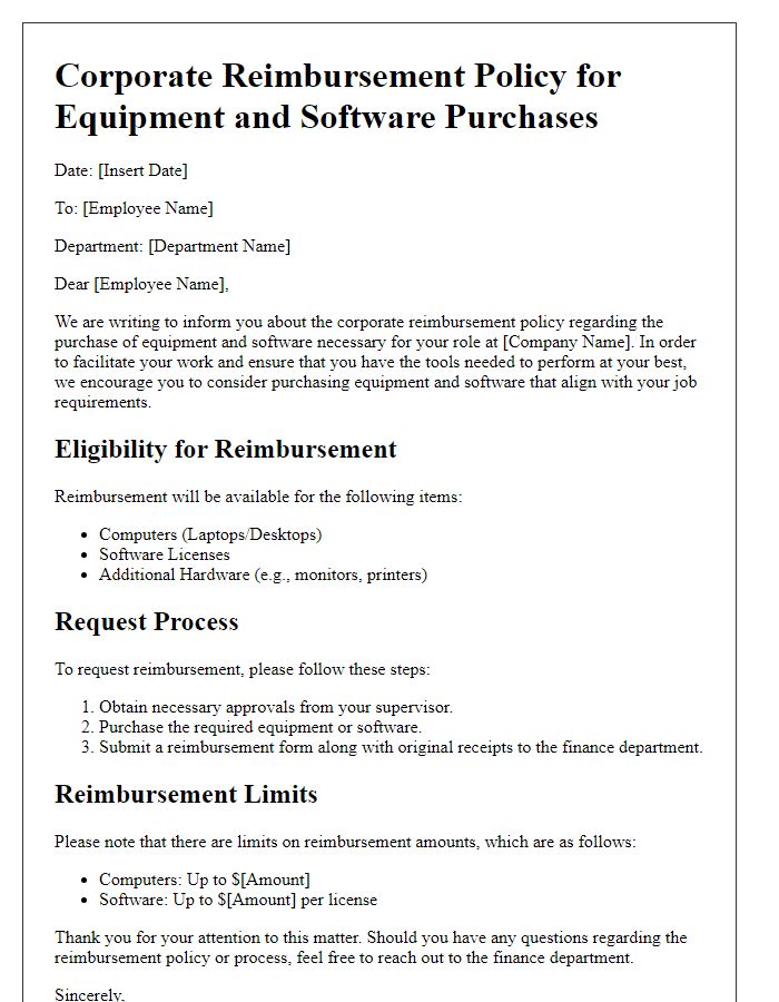 Letter template of corporate reimbursement policy for equipment and software purchases.