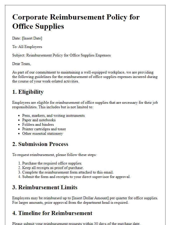 Letter template of corporate reimbursement policy for office supplies expenses.