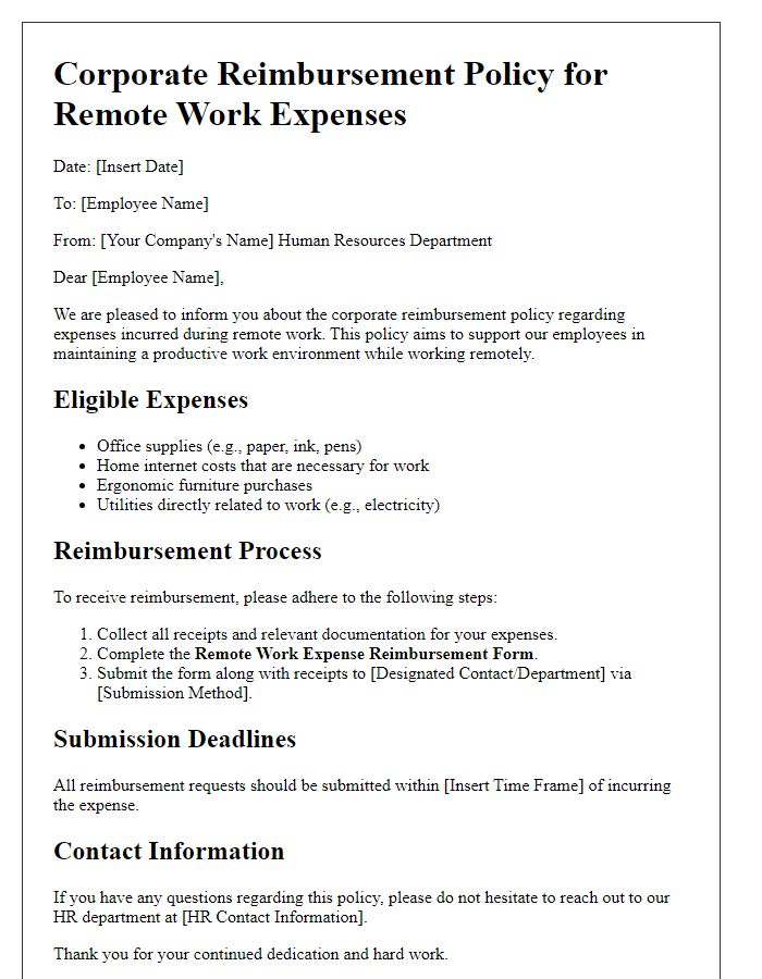 Letter template of corporate reimbursement policy for remote work expenses.