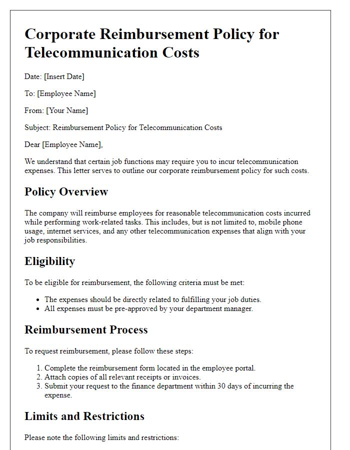 Letter template of corporate reimbursement policy for telecommunication costs.