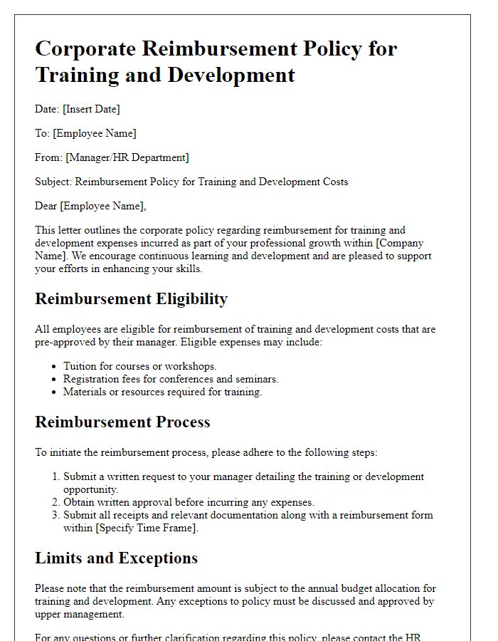 Letter template of corporate reimbursement policy for training and development costs.