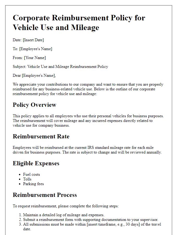 Letter template of corporate reimbursement policy for vehicle use and mileage.