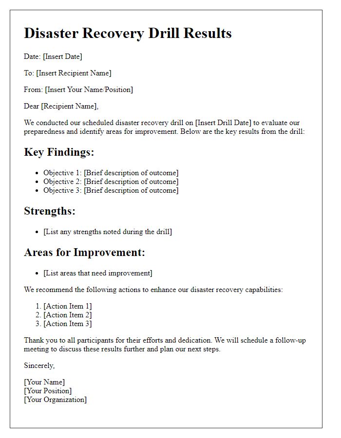 Letter template of disaster recovery drill results communication