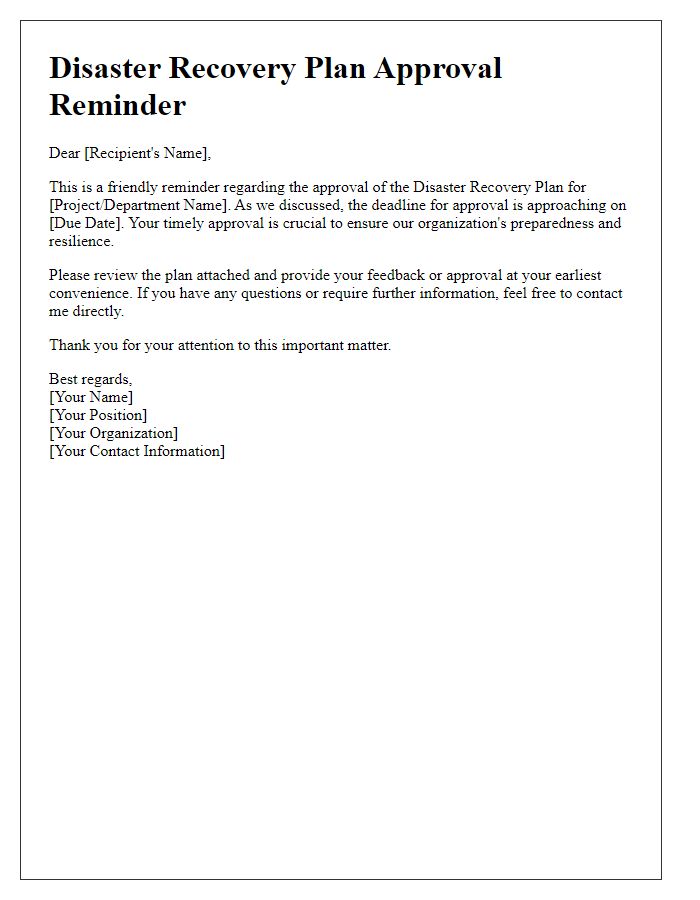 Letter template of disaster recovery plan approval reminder