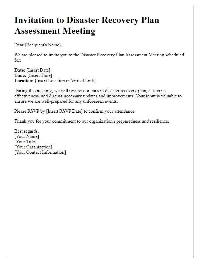 Letter template of disaster recovery plan assessment meeting invitation