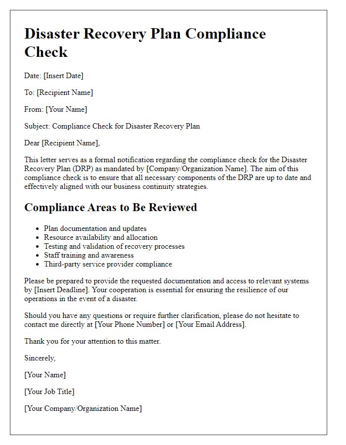 Letter template of disaster recovery plan compliance check