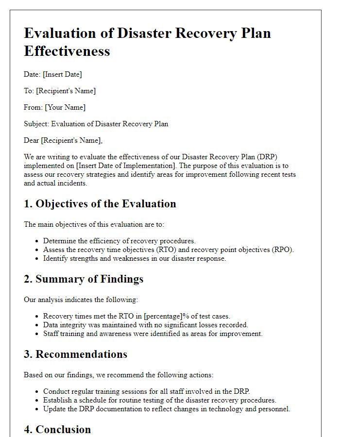 Letter template of disaster recovery plan effectiveness evaluation