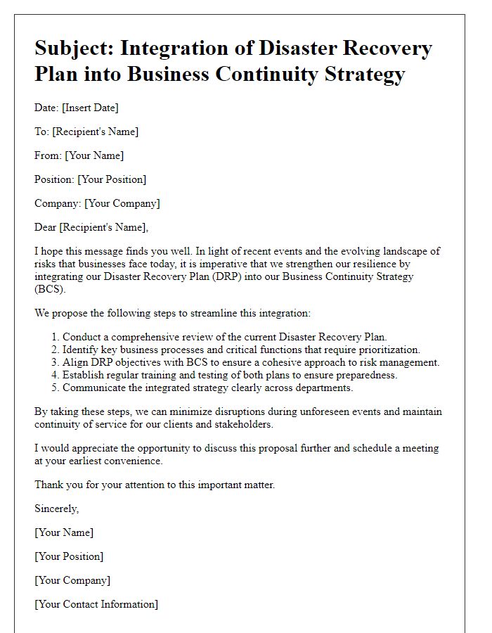 Letter template of disaster recovery plan integration into business continuity strategy