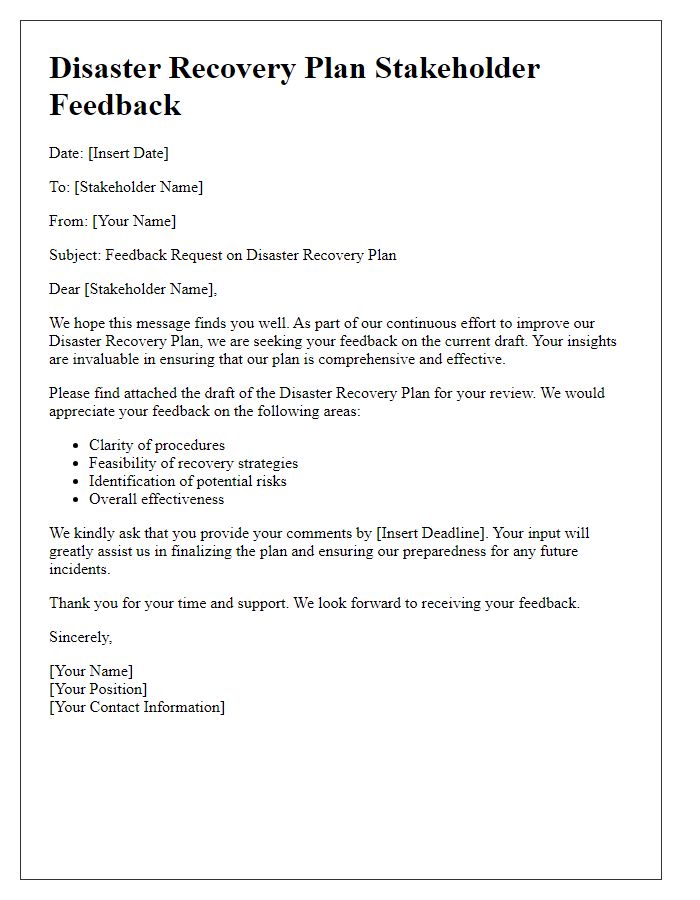 Letter template of disaster recovery plan stakeholder feedback