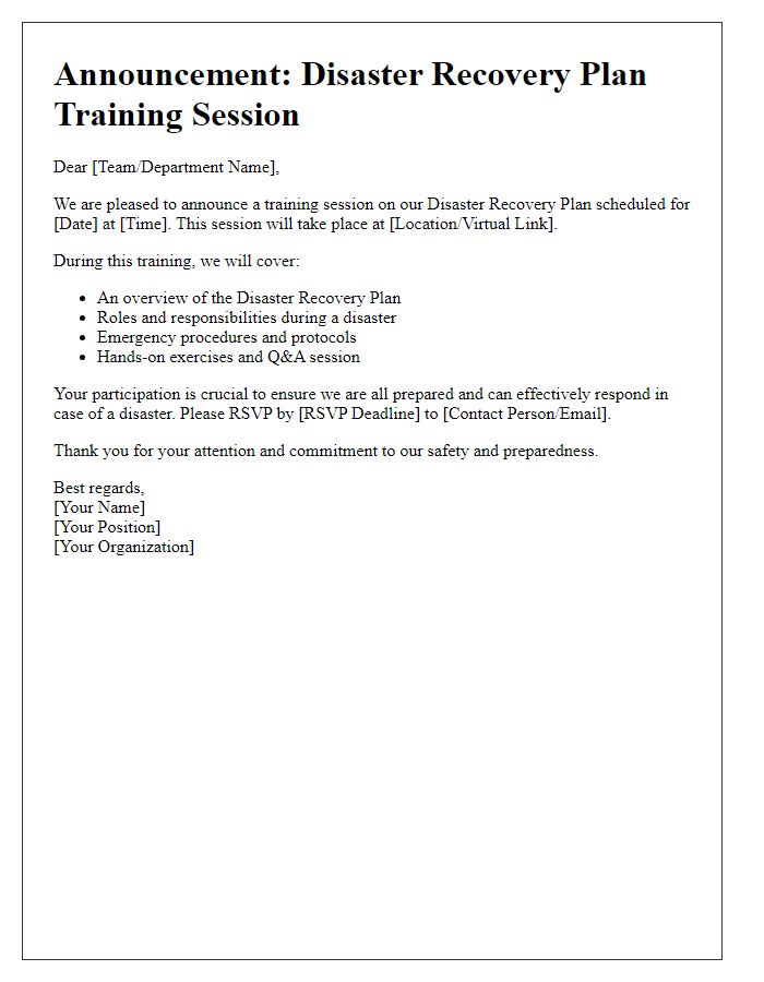 Letter template of disaster recovery plan training session announcement