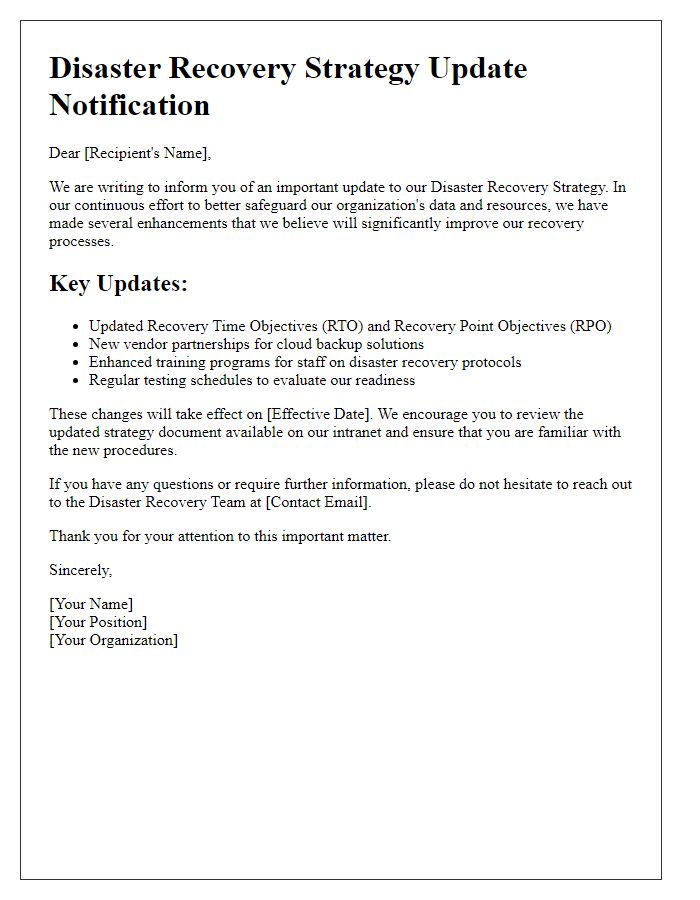 Letter template of disaster recovery strategy update notification