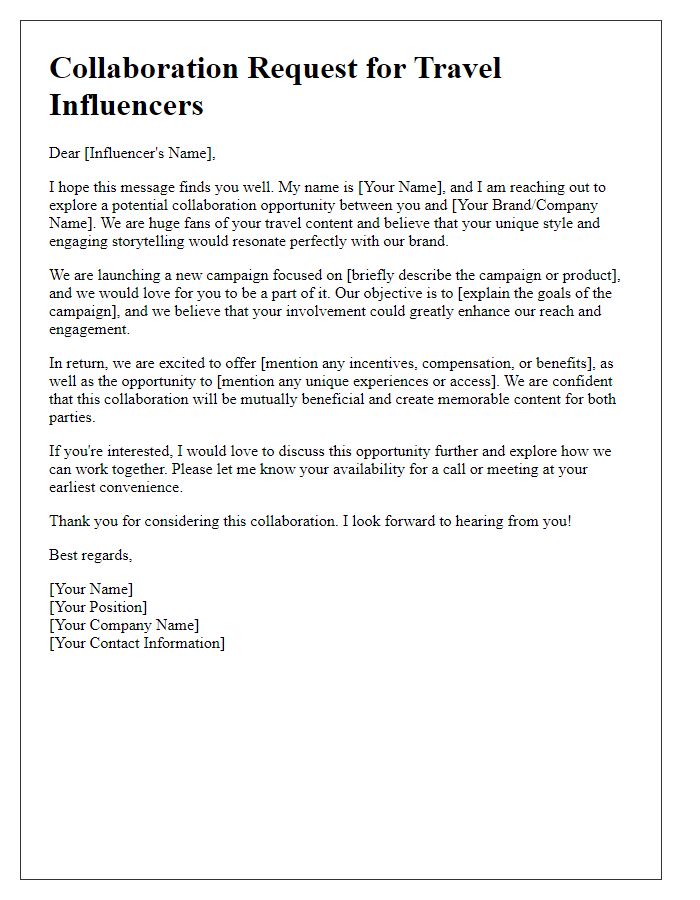 Letter template of campaign collaboration request for travel influencers