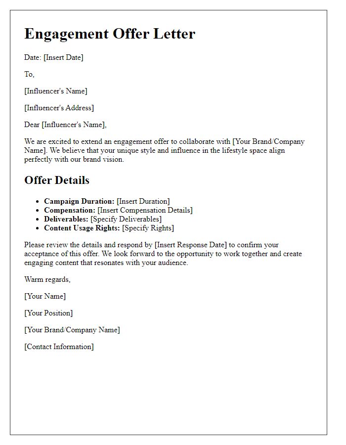 Letter template of engagement offer for lifestyle influencers