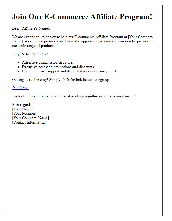 Letter template of e-commerce affiliate marketing invitation