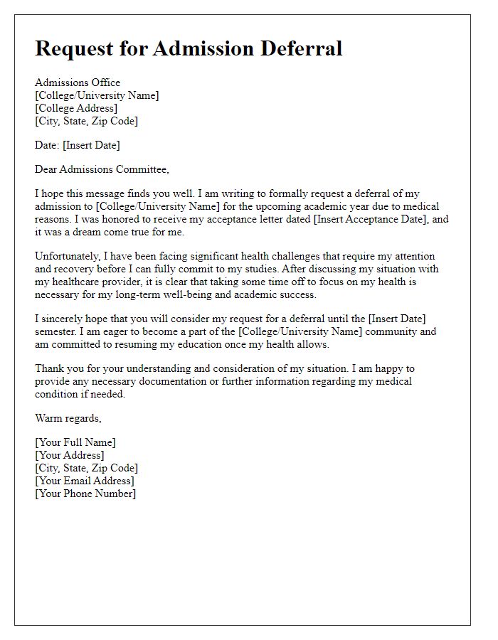 Letter template of college admission deferral request for medical reasons.