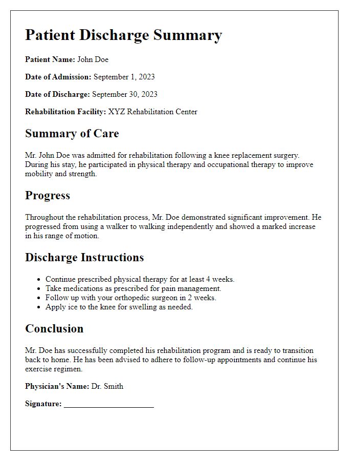 Letter template of patient discharge summary following rehabilitation.